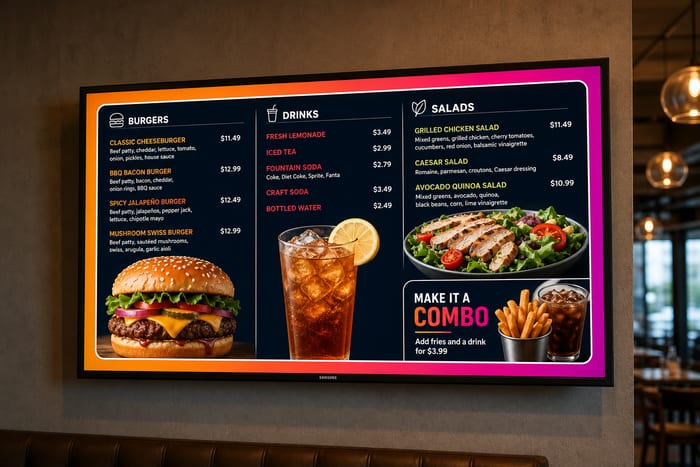 Wall-mounted TV showing a digital menu board