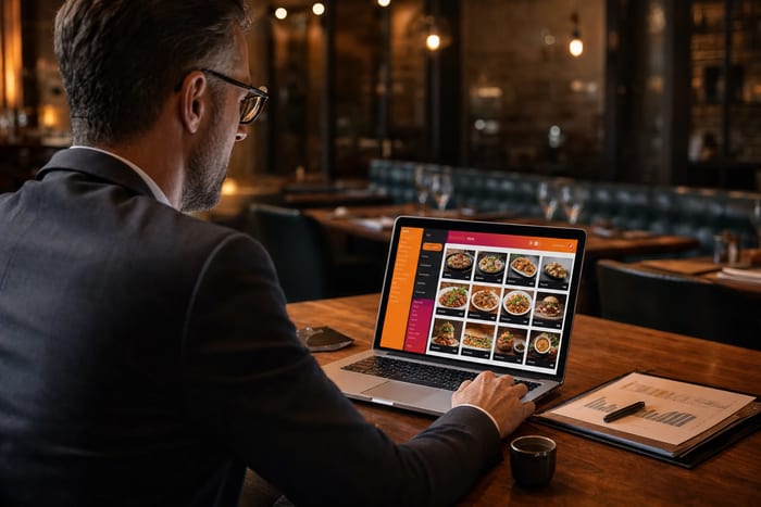 Manager updating a digital menu on a laptop